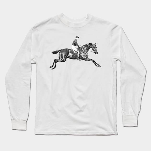 Race Horse with Jockey Black and White Illustration Long Sleeve T-Shirt by Biophilia